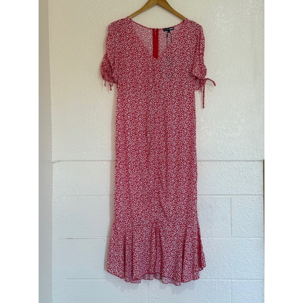 Fashion Nova Clarissa Floral Midi Dress Womens L Red White Ruched Mermaid Summer - Picture 3 of 13